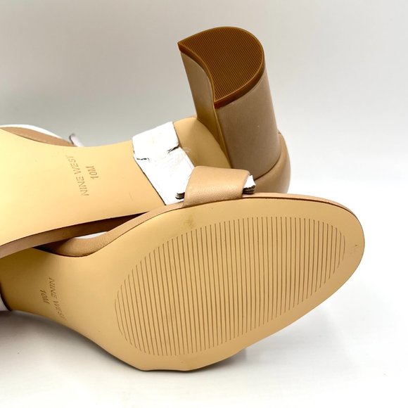 Nine West Size 10 Beige Nude Natural Tan Leather Block Heels Sandals Shoes - Picture 11 of 14